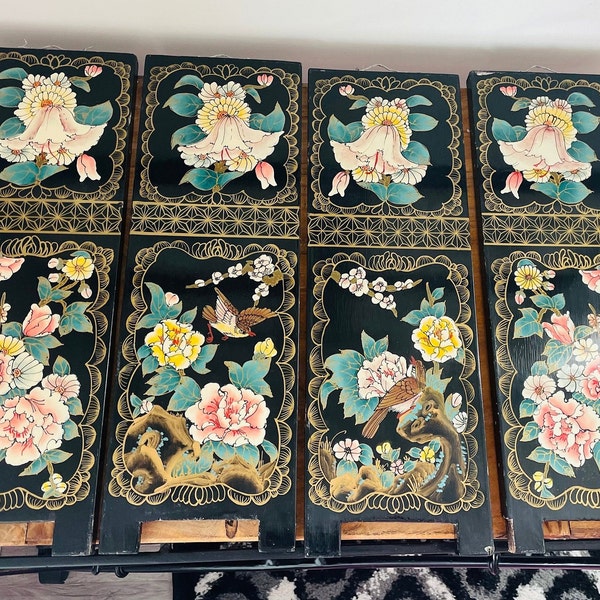 Black Lacquered Coromandle Mid Century Asian Art Panels, Painted, Floral Panels