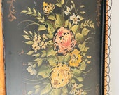 Extra Large Vintage Hand painted Floral Metal Tray, Black Tole Tray, 1940 39 s, Scalloped Edge
