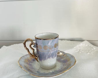 Vintage "Richard" Iridescent Porcelain Demitasse cup and Saucer, Periwinkle Gilded, Teacup