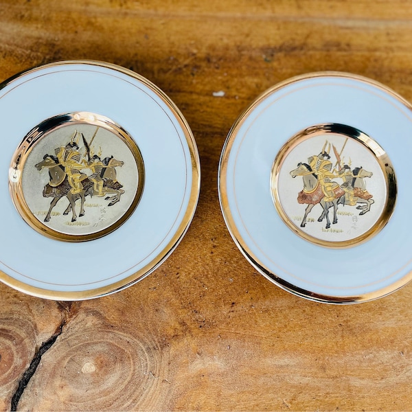 Set of 2 Hand Made Art of Chokin Japanese Decor Mini Plates, Etched copper with 24K gold Edge, Samurai Warriors