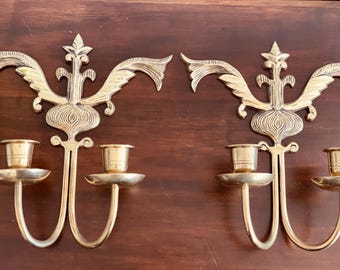 Pair of Mid Century Brass Candle Sconces, Wall Hanging Candle Holders, Double Arms