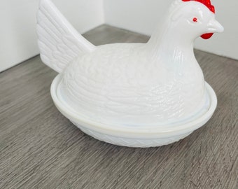 Cluck! Cluck!  Chicken or Egg?  Vintage Milk Glass Chicken Dish