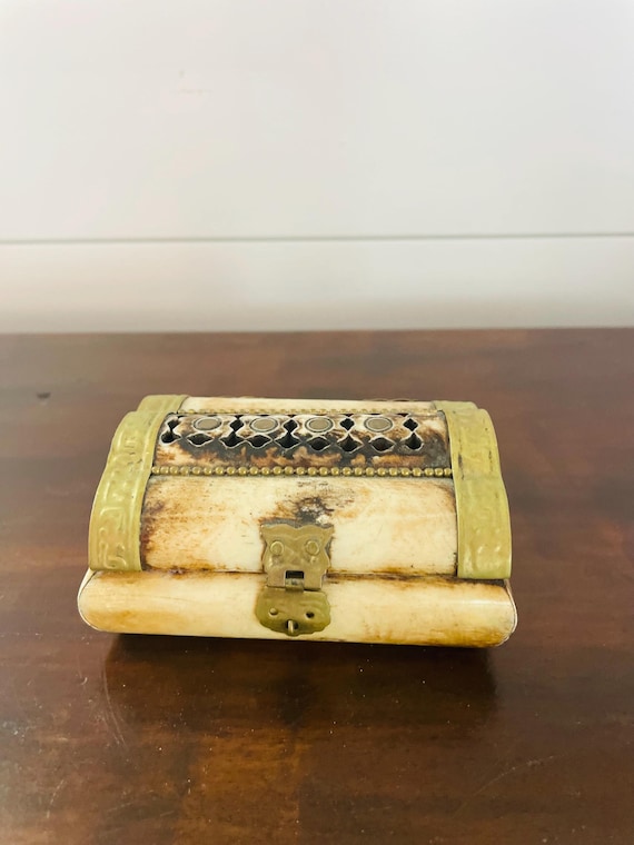 Rectangle Camel Bone and Brass Cache Box, Beige, … - image 1