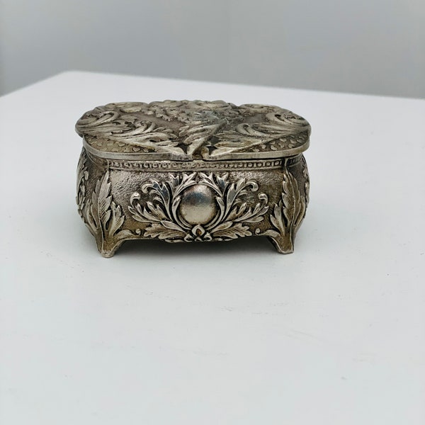 Petite Silver Plate Footed box with Red velvet lining, Made in Japan, Floral Repousse