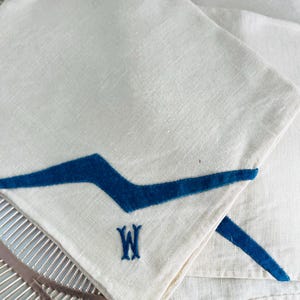 Puede incluir: Servilletas de lino blanquecino con un diseño geométrico azul y la letra "W" bordada. Las servilletas están dobladas y apiladas, mostrando los colores y texturas contrastantes. El diseño es un acento audaz y moderno.