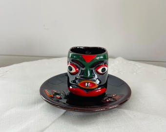 Vintage Victoria Ceramics Tiki Totem Face Demitasse cup and saucer, Espresso, Tea, Brown, red, green