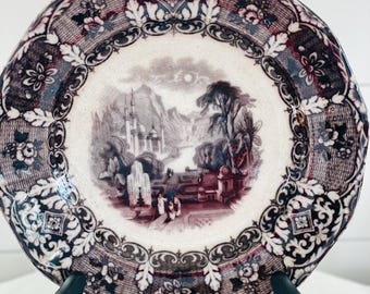 Piatto antico in pietra di ferro, Flow Ware, Black Transferware, paesaggio "peruviano" Wedgewood, condizioni eccellenti, 11"