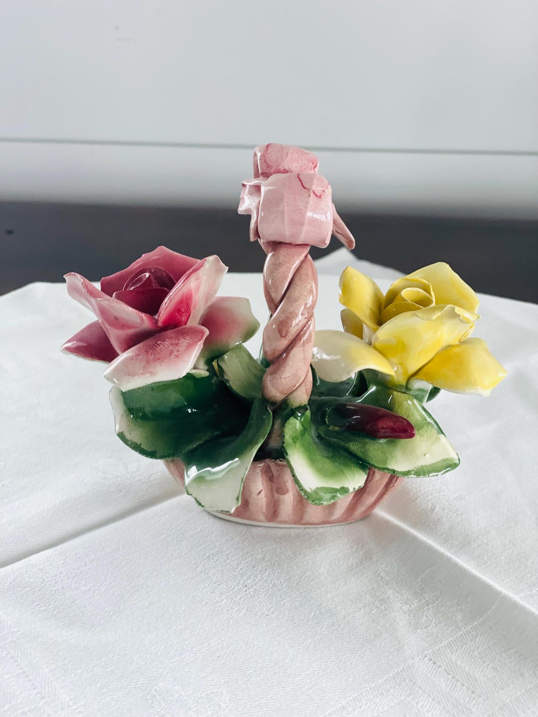 Smell the Roses! N. Capodimonte Porcelain Rose Basket - Yellow and
