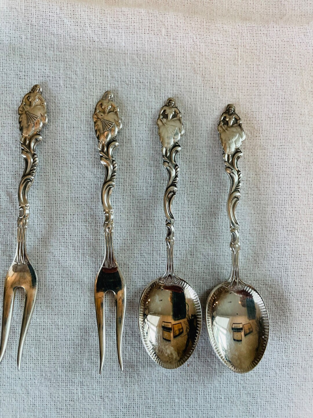 Set of Cocktail Forks and Spoons From Sweden, Lady With Fan on Handle