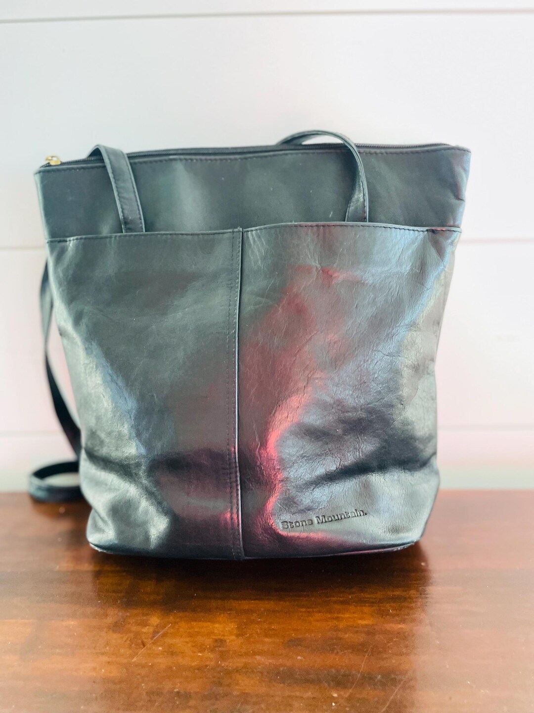Stone Mountain Black Leather Double Handle Tote Bag, Handbag