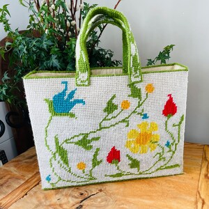 Vintage Hand Made Needlepoint Tote, Flowers, Spring Purse, Flower Power