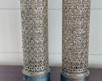 Pair of Mid Century Silver Tone Reticulated Candle Sconces, Taper Candle Holders, Invert base to hold pillar