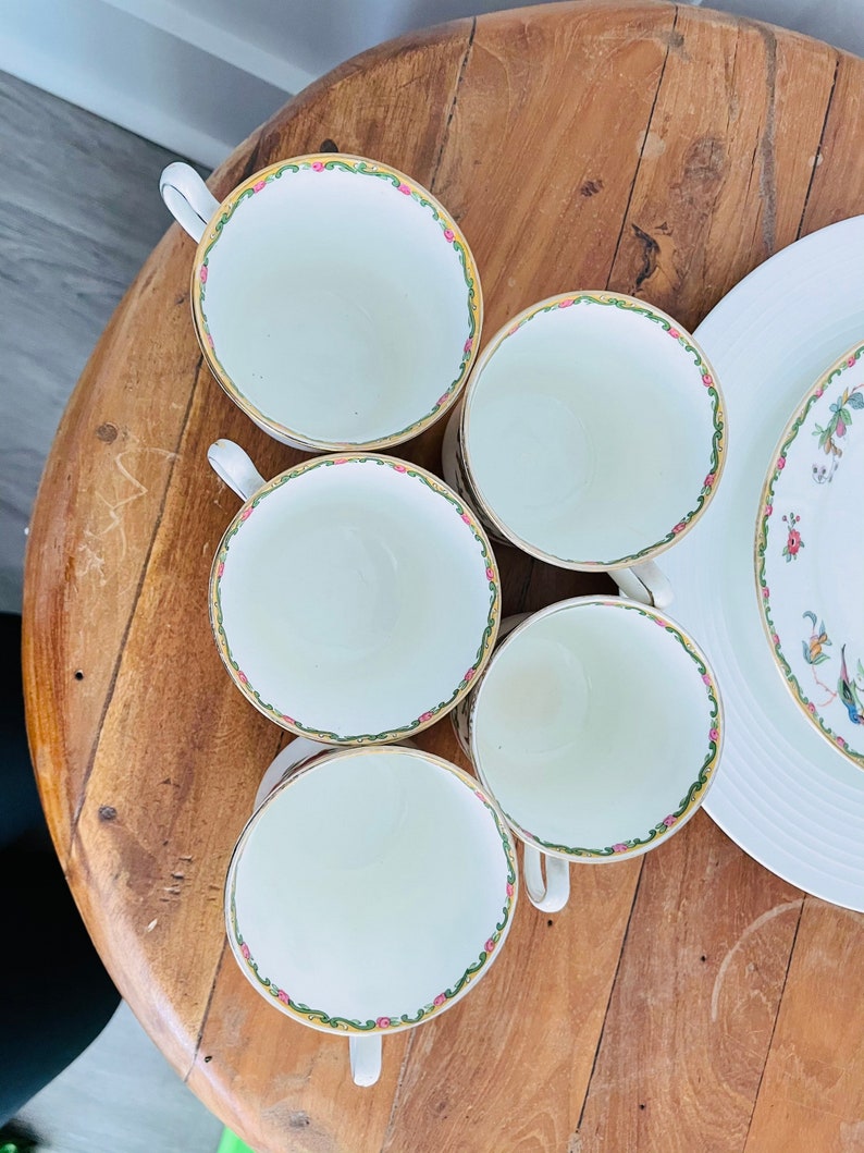 15 pc Antique Royal Grafton Fine Bone China Made in England Cake Plate,plates, cups Birds and Flowers collectible porcelain image 5