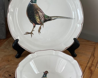 Vintage StanHome Exclusive Hand Crafted Stoneware Bowl and Platter, Pheasant