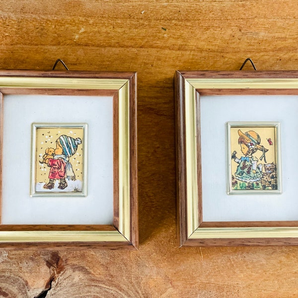 Pair of Framed Italian Art, Creazioni Artistiche, Chromolithographs, Gallery Wall, Foil Art, Girl and Boy, Silver Piu