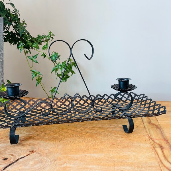 Vintage Tabletop  Iron Scrolling reticulated Candle Holder, Black Metal lattice base, Double Candle Holder