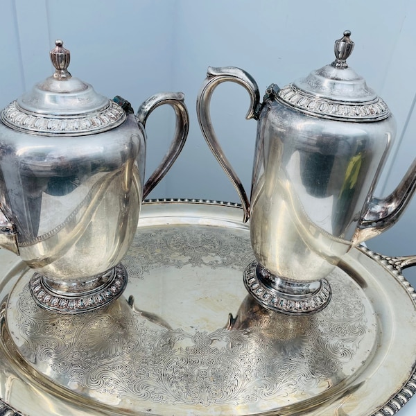 Vintage WM Rogers Silver Plate coffee/tea serving set, Tray, pots, Fenwick Pattern (likely ship CHEAPER with UPS Ground)