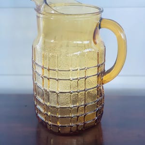 Mid Century Amber glass Basket weave Pitcher, Cubed, Block Wire Design