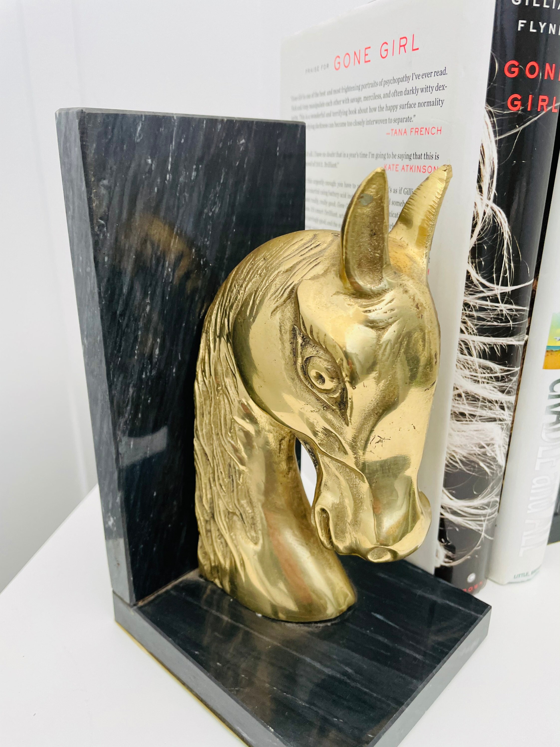 Paire De Serre-livres Tête De Cheval Art Déco – Pierre Onyx Et Marbre – 20 Cm