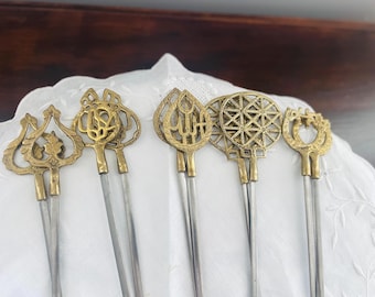 Set di 10 spiedini vintage extra lunghi in ottone e acciaio inossidabile, per grigliate, braciere, lunghi 40 cm, spiedini shish, inossidabili