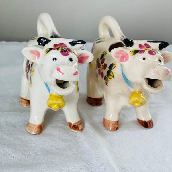Pair of Vintage Ceramic Cow Creamers Floral pattern, blue ribbon, yellow bells Collectible