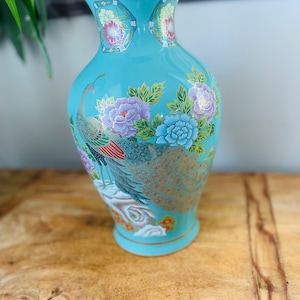 Vintage Green Japanese Porcelain Hand Painted Vase With Peacock