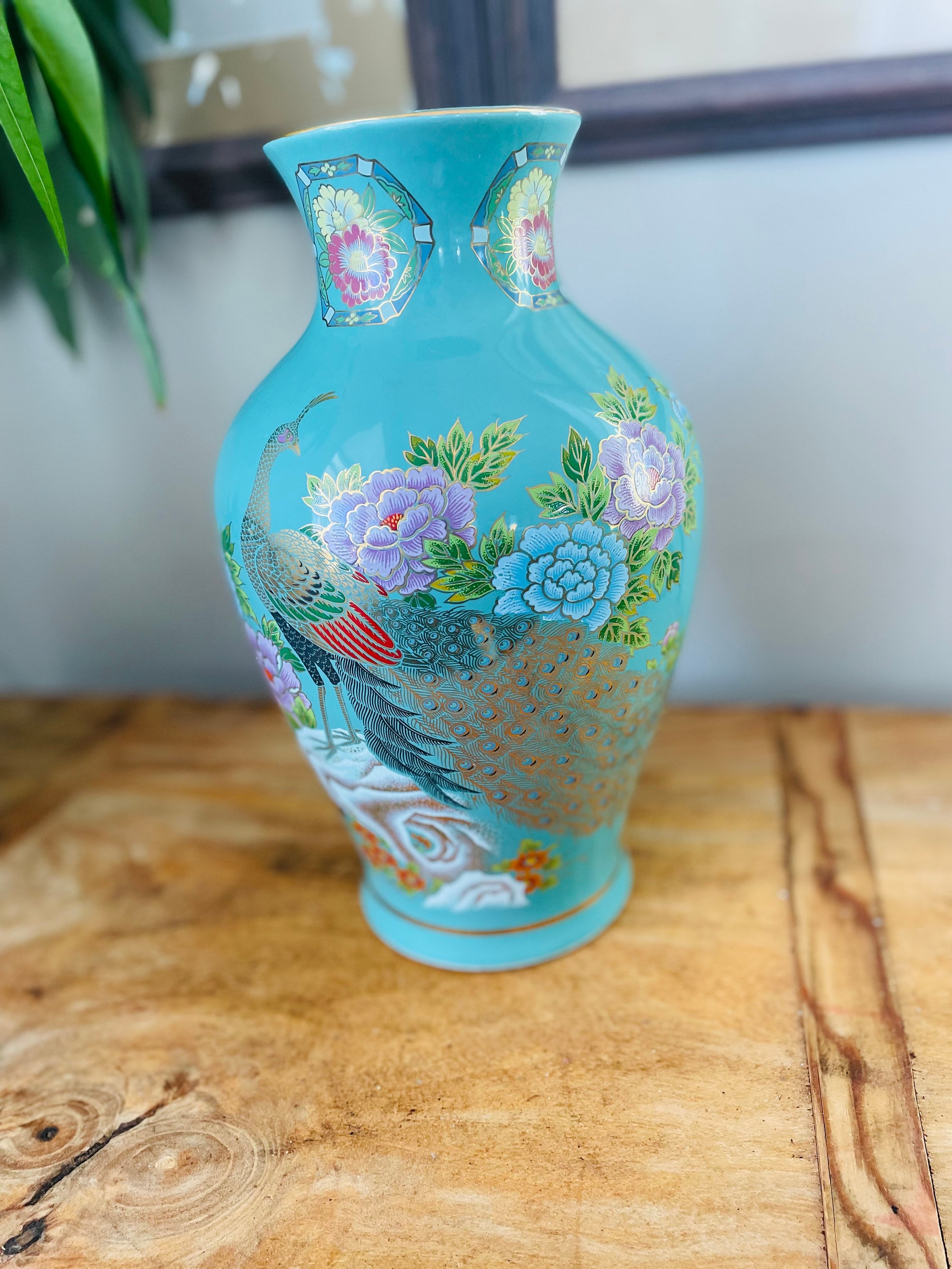 Vintage Green Japanese Porcelain Hand Painted Vase With Peacock
