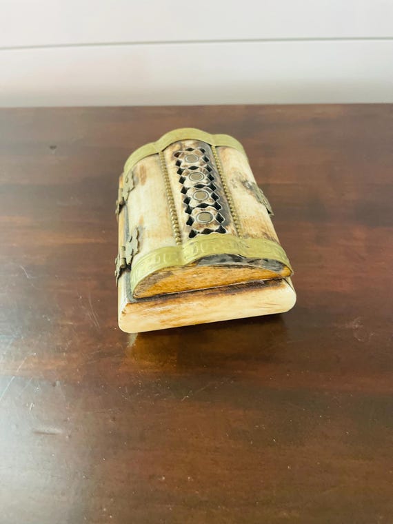 Rectangle Camel Bone and Brass Cache Box, Beige, … - image 2