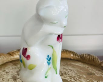 Vintage 1970's White Glass Cat Figurine, Hand Painted Sitting Cat