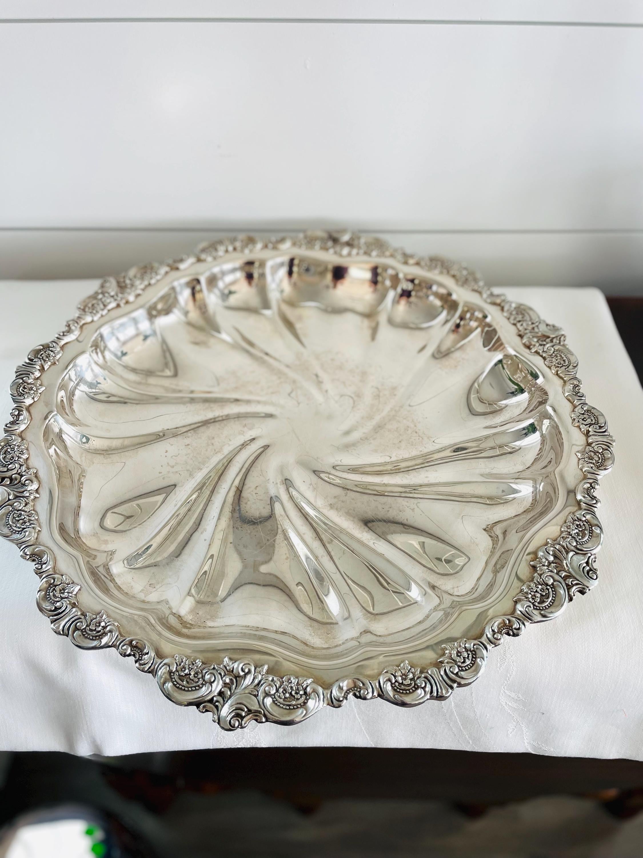 Large Round Vintage Silver Plate Wallace Tray, Baroque Pattern