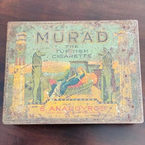 Antica scatola di sigarette turche Murad, latta, scatola pubblicitaria, scatola di tabacco S. Anaroyros, scatola di latta da collezione, anni '20