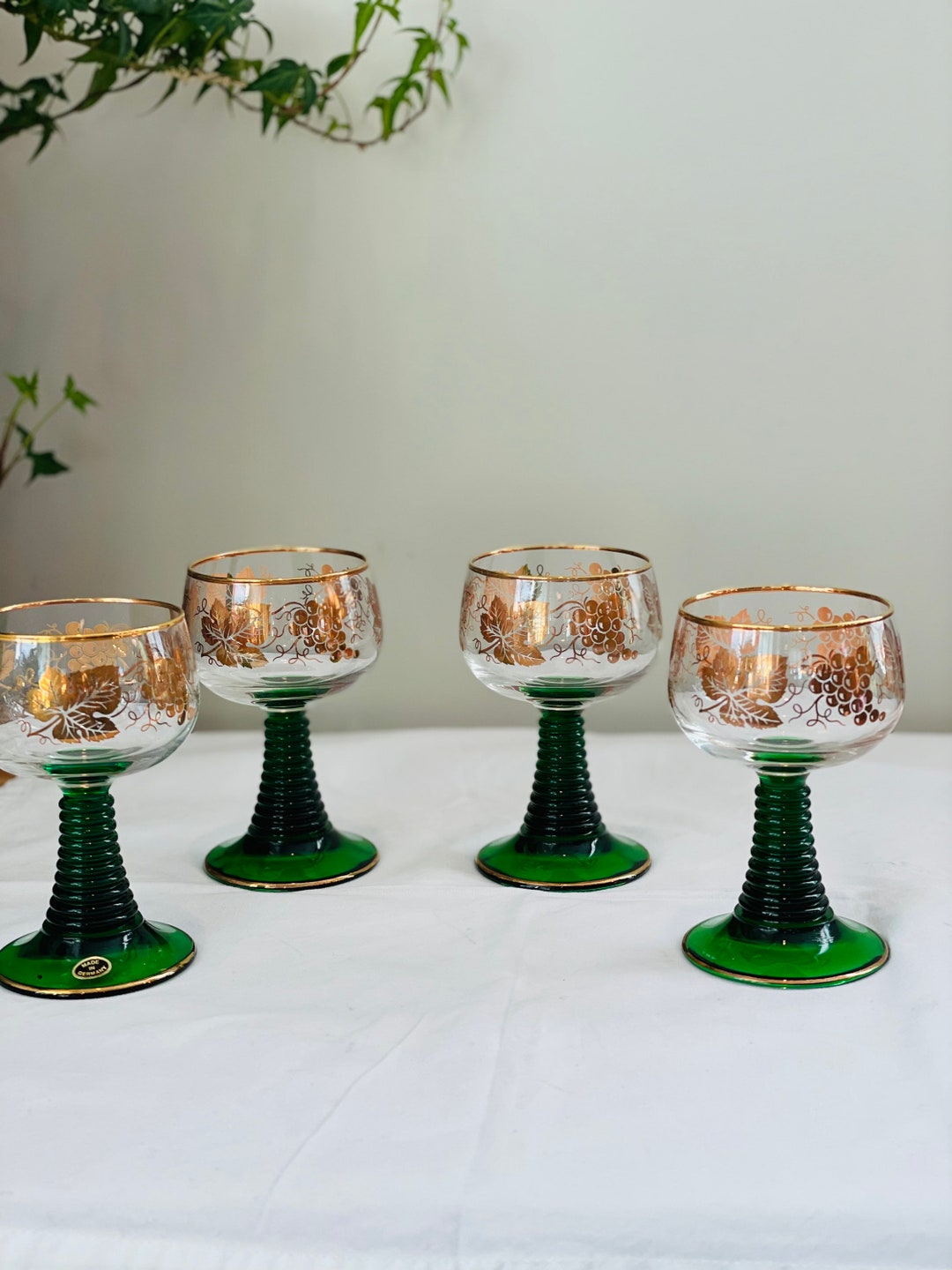 Vintage Set of 4 German Cordial Wine Glasses Green Twist Etsy UK