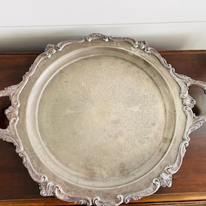 Large Round Vintage Silver Plate English Footed Handled Tray, Baroque, Butler Tray, Waiters Tray, Cocktail Tray, Heavy