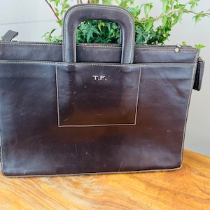 Cartera de cuero retro con asas, cartera de cuero marrón, maletín delgado para computadora portátil, doble asa, con cremallera, Monogram TF