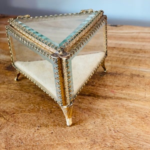 Antique Stylebuilt Gold Filigree Jewelry Casket, Beveled Glass Jewelry Ormolu,  Trinket Casket, Footed,  Triangle Shape, Footed, Victorian