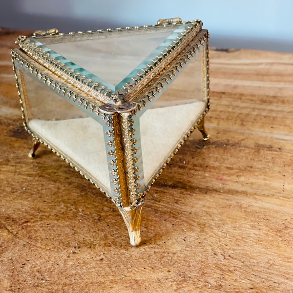 Antique Stylebuilt Gold Filigree Jewelry Casket, Beveled Glass Jewelry Ormolu,  Trinket Casket, Footed,  Triangle Shape, Footed, Victorian