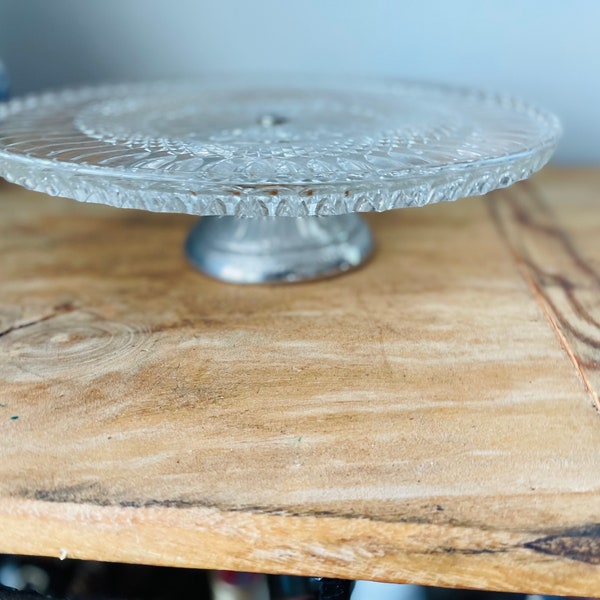 Vintage Clear Glass Pedestal Cake Plate with Silver Tone Pedestal, Wedding, Shower, Cake Display