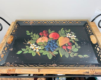 Extra Large Vintage Hand painted Floral Metal Tray, Black Tole Tray, 1940's, Reticulated Rim and Handles, Wear on paint see photos