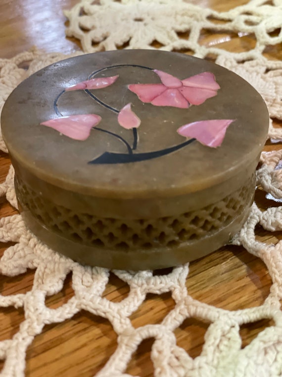 Round Alabaster/Stone Cache Box with Inlaid Flora… - image 1