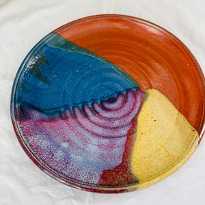 Pair of Southwest Pottery Plates, Hand Made, Signed, Blue, Orange, Green