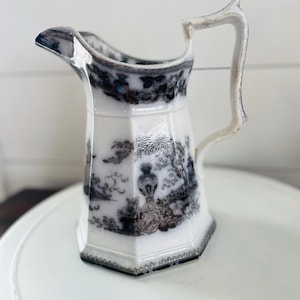 Large Antique Mulberry Ironstone Pitcher, Jeddo Mulberry, Flow Ware, Black Transferware, W Adams & Sons England, 9" High