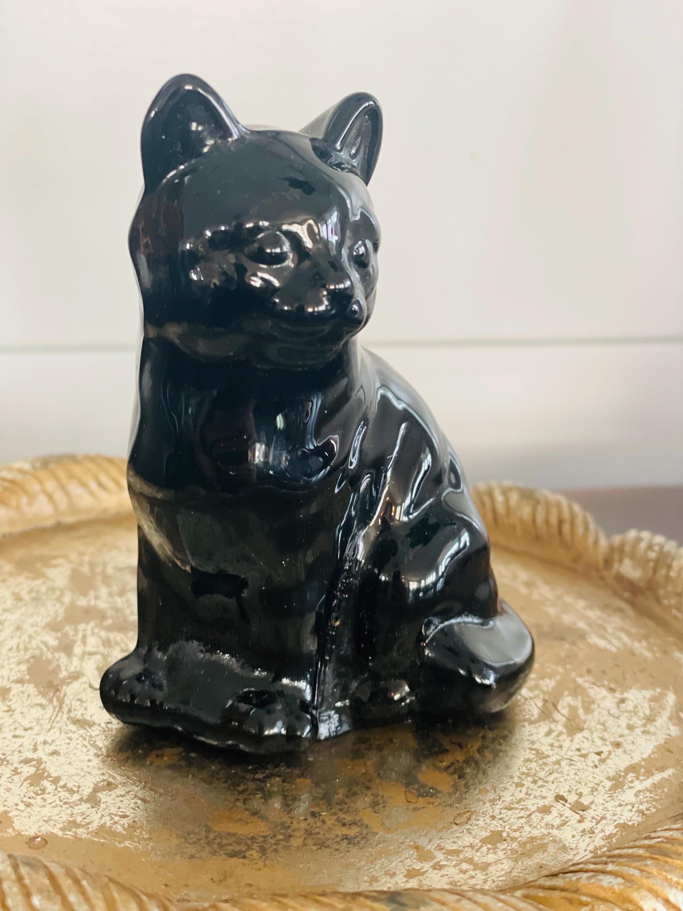 Vintage 1970's Black Glass or Stone Cat Figurine, Sitting Cat