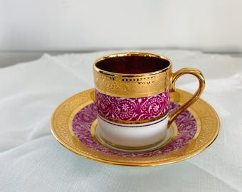 Vintage Limoges Porcelain Demitasse cup and Saucer, Gilded and Pink, Teacup