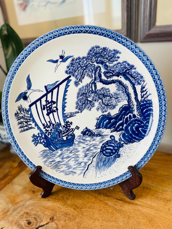 Vintage Japanese Blue and White Platter, Charger, Takaraune Ship