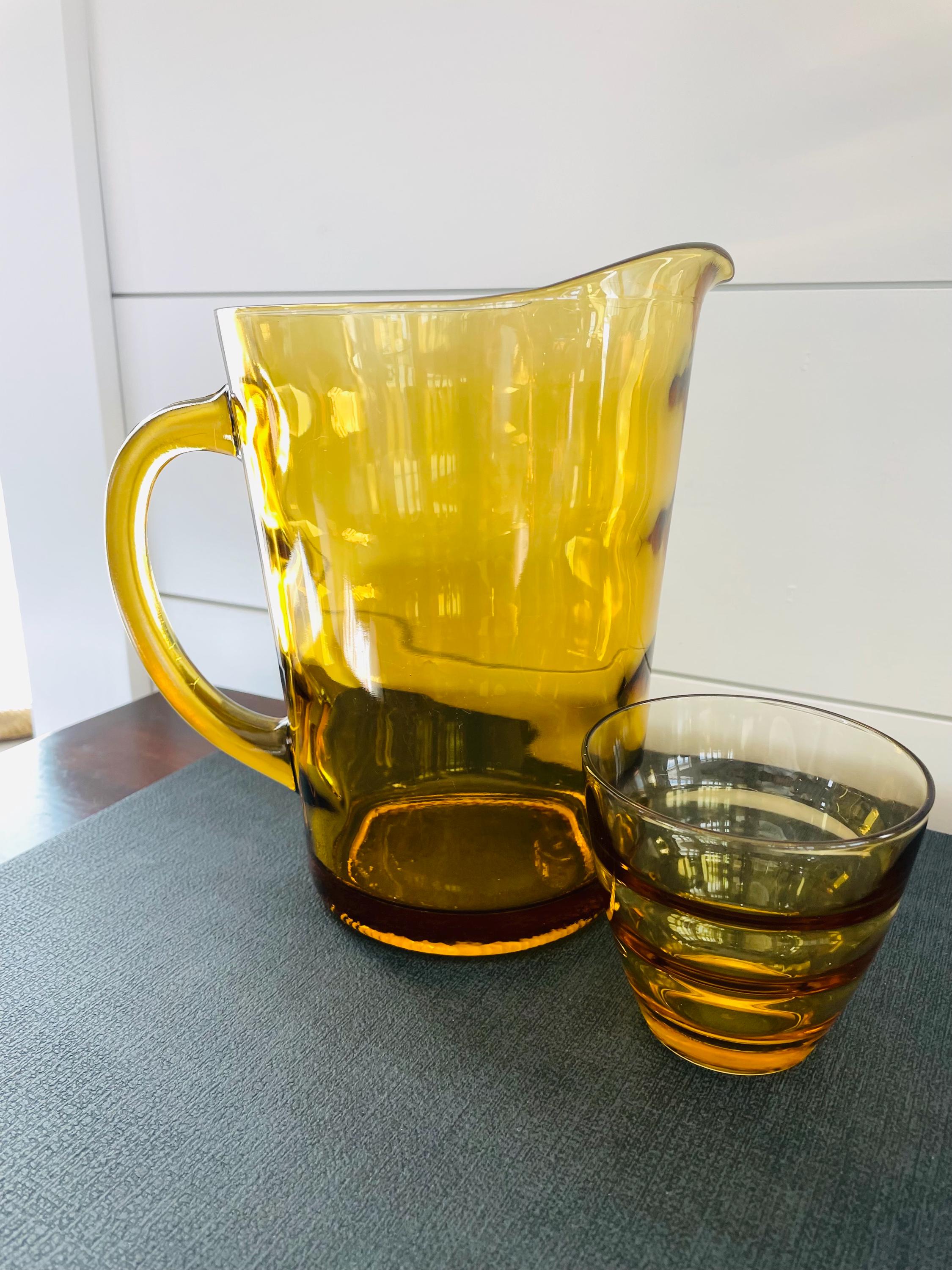 Mid Century Hazel Atlas Waterfall Optic Amber Glass Pitcher, Bee