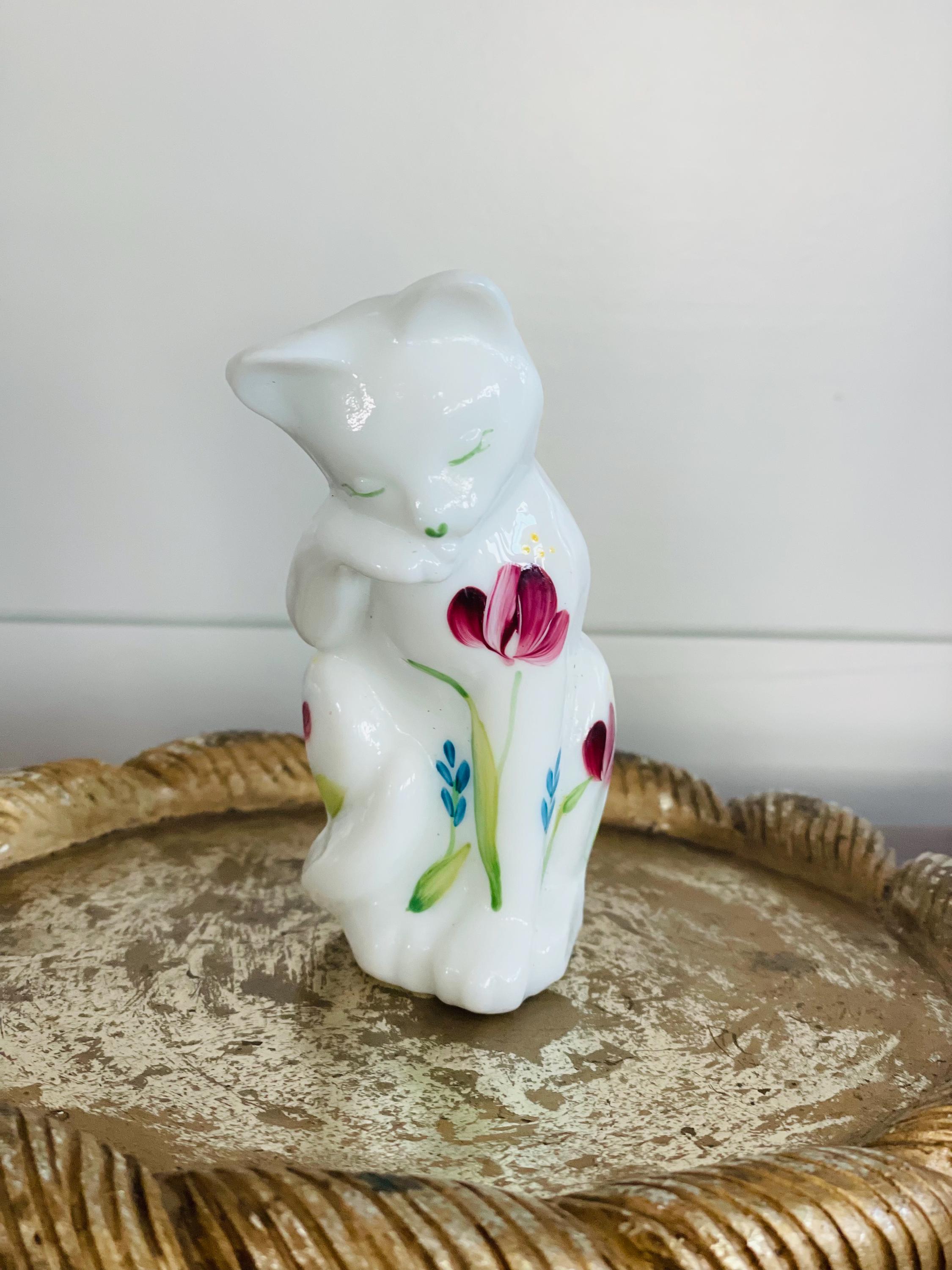 Vintage 1970's White Glass Cat Figurine, Hand Painted Sitting Cat