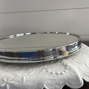 Large Art Deco 13.5" Mirrored Plateau, Chrome Edge, Acrylic knobs, Lazy Susan Bottom, Mid Century