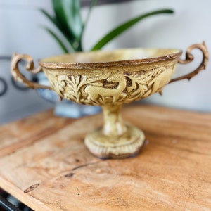 Cast Iron Pedestal Bowl with Handles, Jardinière Planter, Cachepot, Centerpiece, Vintage Iron Bowl