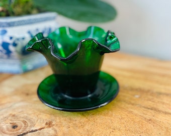 希少芸術品！50s〜 アメリカアンティークFenton深緑フェントンガラスUSA Early Fenton Forest Green Glass Planter With Crimped Ruffled Edge