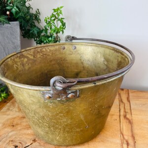 Antique Rustic Brass Pot with handle, Brass Planter, Large Brass handled Cauldron, Forged Handle Brass Pail, Farmhouse, Hearth image 3